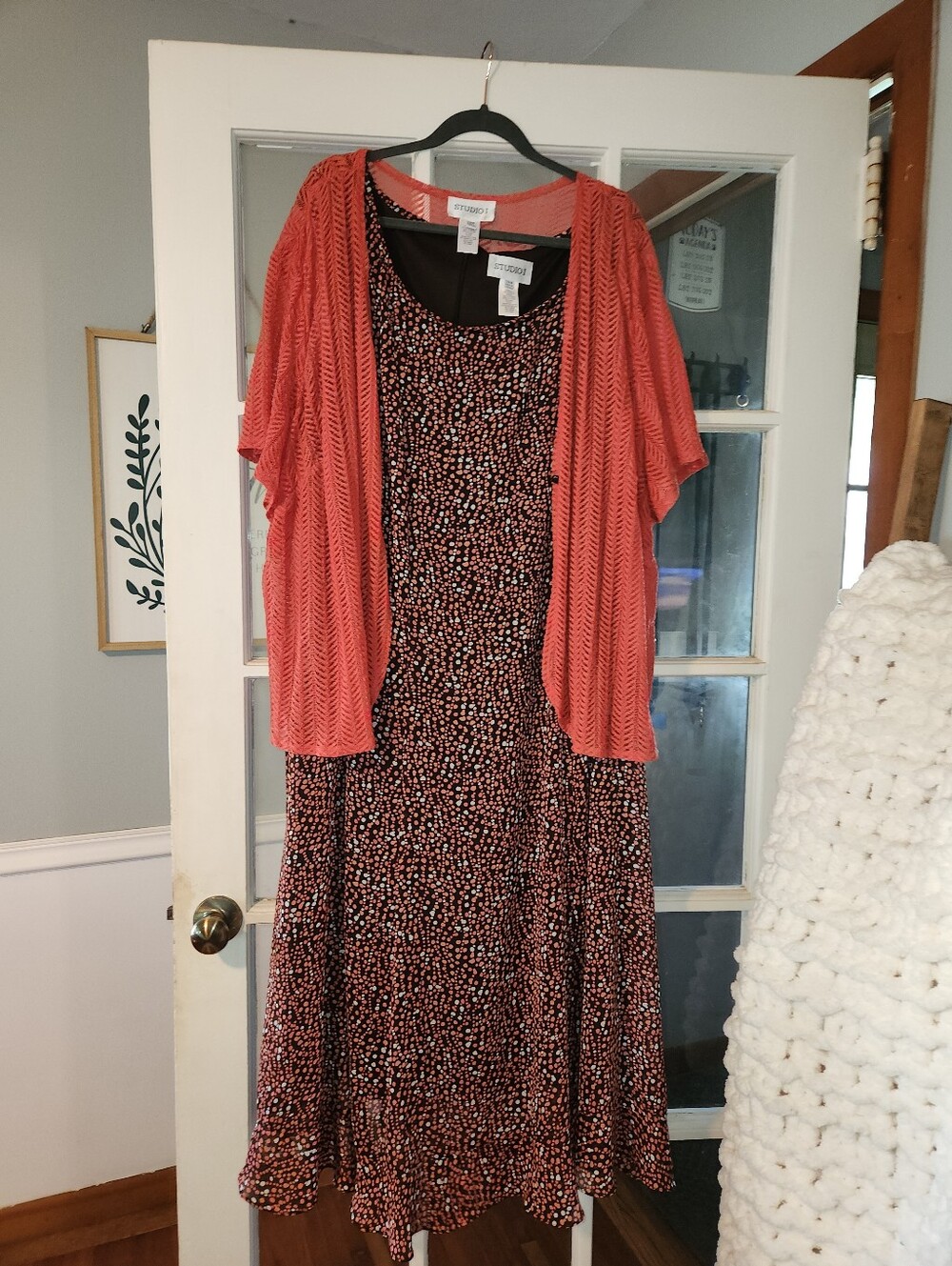 Studio I 28W 2 Piece Dress Lace Cardigan Set Coral Brown Plus Size Wedding Guest